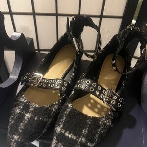 Marc Fisher Black Plaid Flats with Buckle Detail